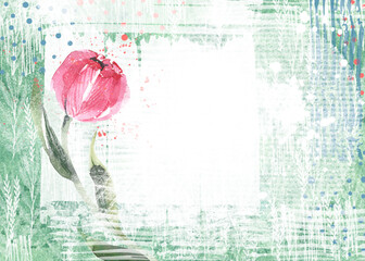 A beautiful watercolor tulip on an elegant textured background in grunge style. Modern design for invitations, posters. Holiday banner, gift card for a woman, mom