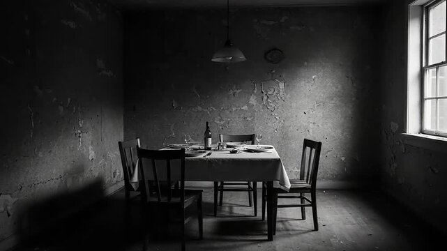 Gloomy Monochrome Dinner Setting in Abandoned Room Depicting Decay