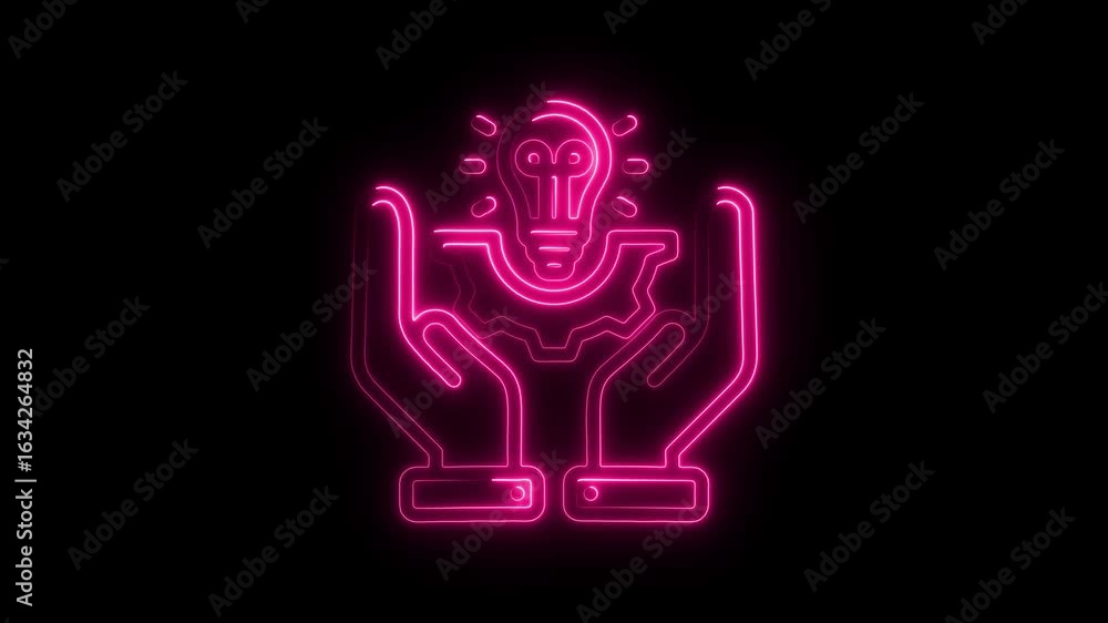 Poster neon idea protection concept animated loop glowing hands cradle lightbulb gear innovation symbol on 