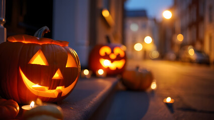 Glowing carved Halloween pumpkins with flickering candles on a doorstep at dusk jack o lantern