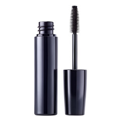 Black mascara cosmetic product with brush and applicator isolated on white background