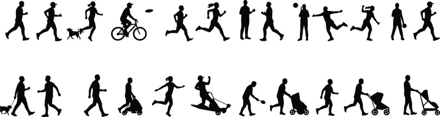 Silhouette of people walking dog, jogging, cycling, running, playing frisbee, juggling, photographing, pushing strollers, sledding, bending, diverse outdoor activity scene