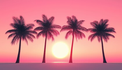 Fototapeta premium Bright Pink Sky Silhouettes Palm Trees: A Stunning Display Of Nature'S Beauty As The Setting Sun Sets The Sky Aglow.