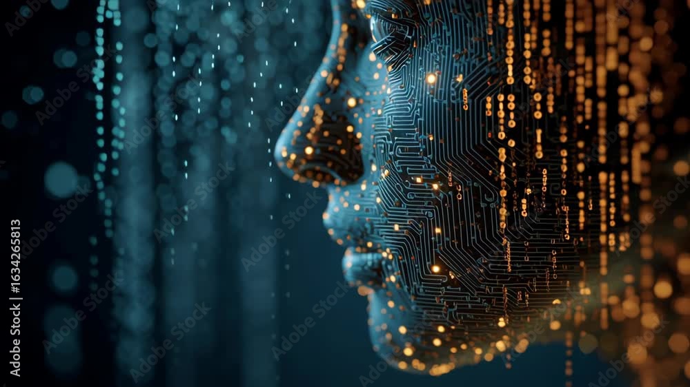 Poster digital face composed of circuit patterns and glowing lights symbolizes fusion of technology and hum