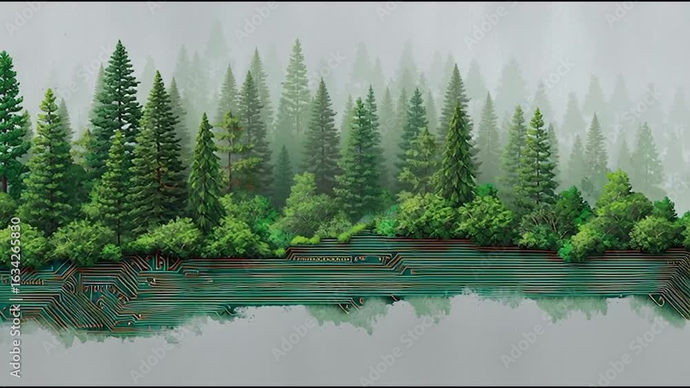 Aufkleber a digital artwork depicting a lush forest with trees merging into a circuit board design, symbolizin