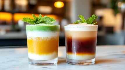 Fototapeta premium Refreshing Colorful Drinks with Mint Garnish on a Marble Countertop