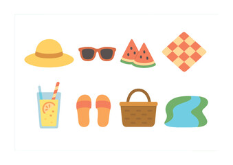 Summertime Picnic Icons. Flat vector mini-illustrations summer picnic by the water in colors children's