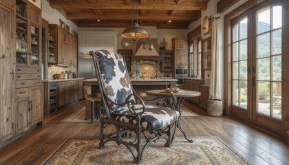 Inviting rustic kitchen with bespoke chair, wooden cabinets, and French doors creates a warm, welcoming atmosphere perfect for family gatherings and cozy dining experiences