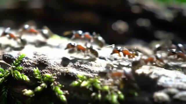 Macro view of a colony of ants marching in a line across a mossy tree branch.