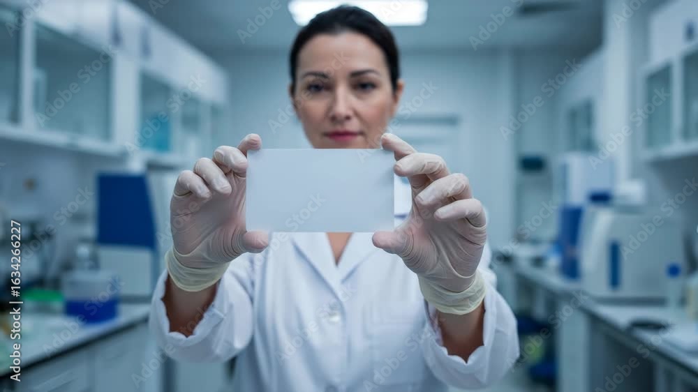 Poster scientist holding blank microchip in lab - a female scientist in a lab coat and gloves holds a blank