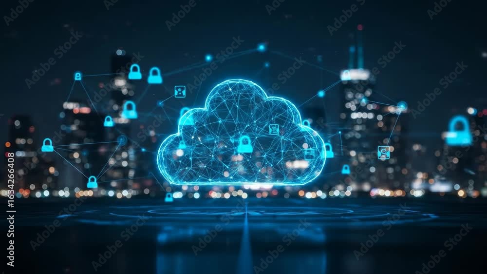 Poster secure cloud computing network over cityscape - a glowing blue cloud computing network is depicted, 