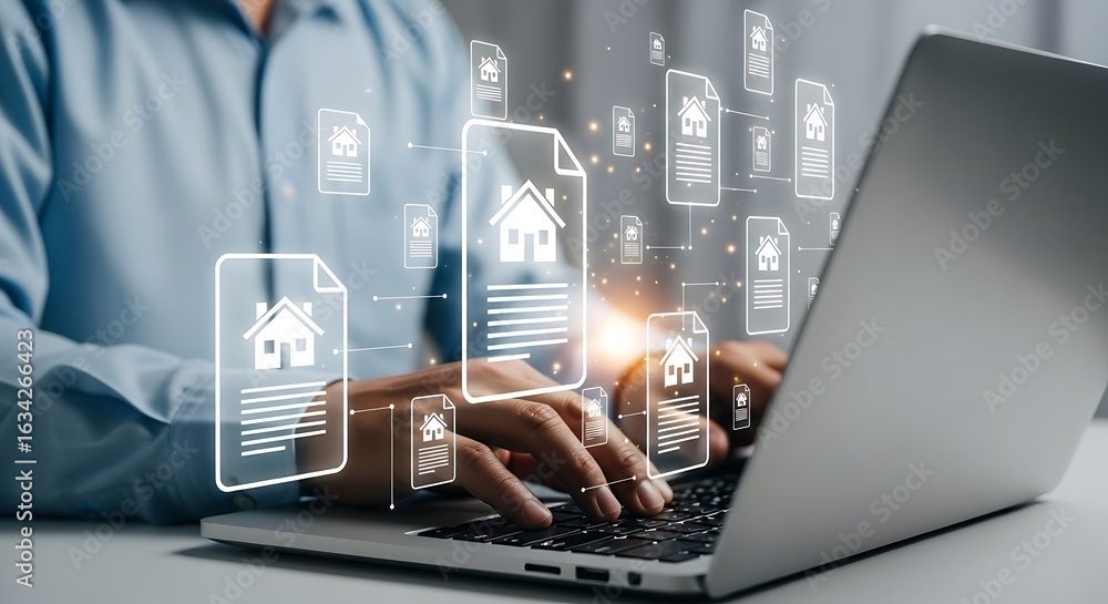Poster professional managing real estate data efficiently on a modern laptop, visualizing property informat