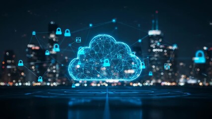 Secure Cloud Computing Network over Cityscape - A glowing blue cloud computing network is depicted, connected to various security lock icons, set against a blurred cityscape at night. - Powered by Adobe