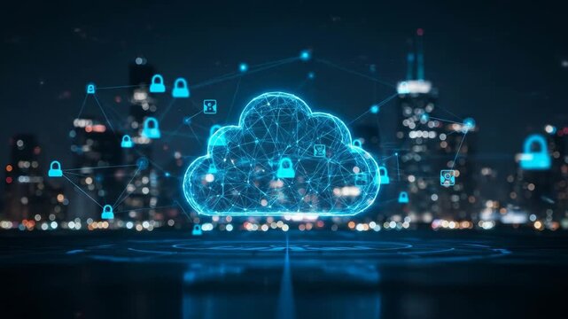 Secure Cloud Computing Network over Cityscape - A glowing blue cloud computing network is depicted, connected to various security lock icons, set against a blurred cityscape at night.