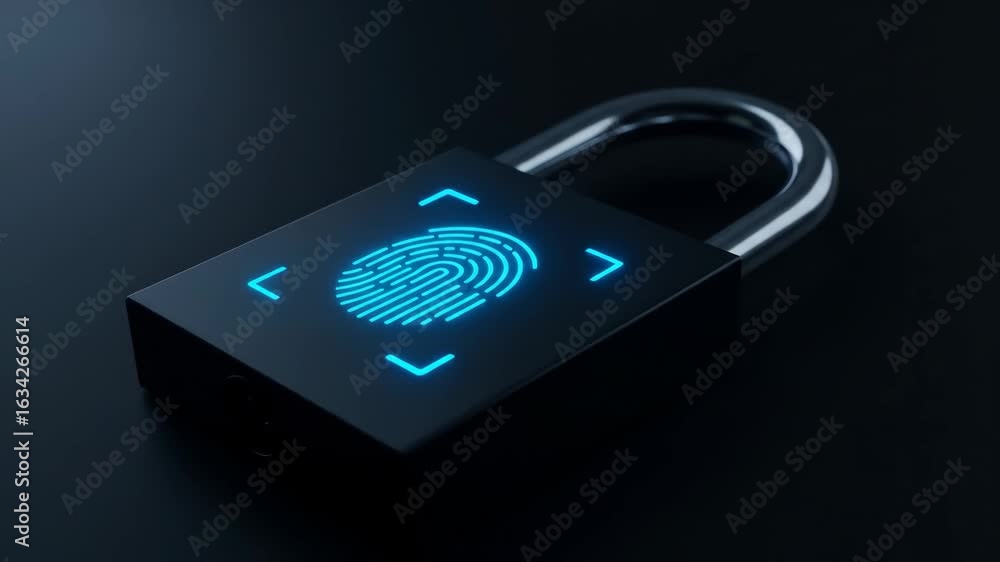 Poster biometric fingerprint security lock - a close-up shot of a black padlock with a glowing blue fingerp