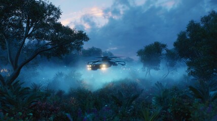 Sci-fi aircraft soaring through lush forest. Neural network AI generated