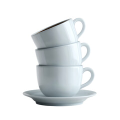 Stacked white coffee cups with saucer, perfect for a coffee shop or home setting, isolated on a clean background.