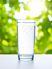Glass of Sparkling Mineral Water with Condensation on Light Surface and Green Natural Bokeh Background