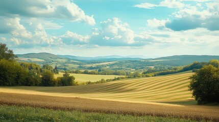 Obraz premium Panoramic view of a golden field stretching towards rolling hills.