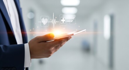 Professional businessman using smartphone to access futuristic medical health interface with heart rate, plus sign, and syringe icons in a modern office environment