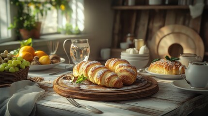 Freshly Baked Croissants and Fruits on Rustic Table Setting