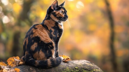 Elegant tortoiseshell cat sits on mossy log in autumn forest