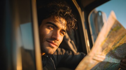 Man in vehicle cab looking out window with landscape visible in background.