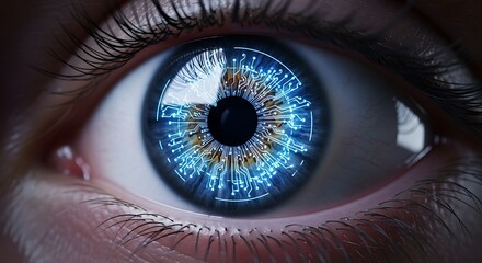 Naklejka premium Close up of a human eye with a futuristic blue digital iris and circuits