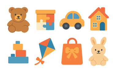 Toy Store Icons. Flat vector mini-illustrations toy retail franchises in colors children's illustrations: