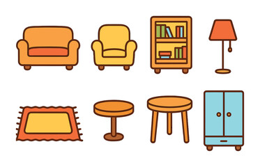 Colorful Furniture Icons. Flat vector mini-illustrations furniture retail brands in colors children's
