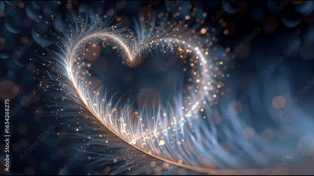 Poster a feather that curves gracefully into a heart shape. it is covered with sparkling particles or dropl
