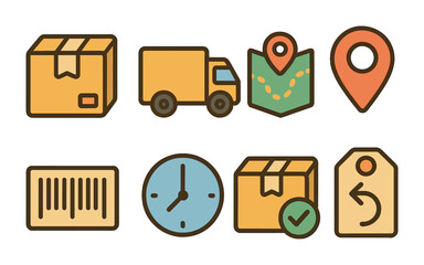 Children's Delivery Icons. Flat vector mini-illustrations product delivery and tracking in colors children's