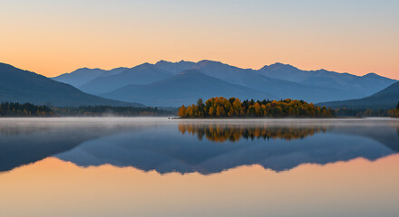 A stunning mountain lake landscape at dawn, showcasing a perfect reflection of a colorful autumn forest and distant peaks on the still water.