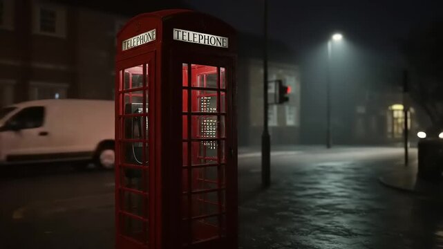 Iconic London Red Telephone Box in Foggy Urban Setting at Night, Cars Passing by