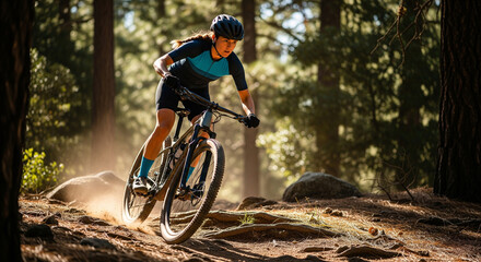 Female cyclist riding a mountain bike