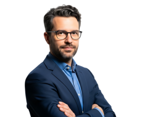 Confident businessman with glasses in a suit standing with arms folded against a transparent background