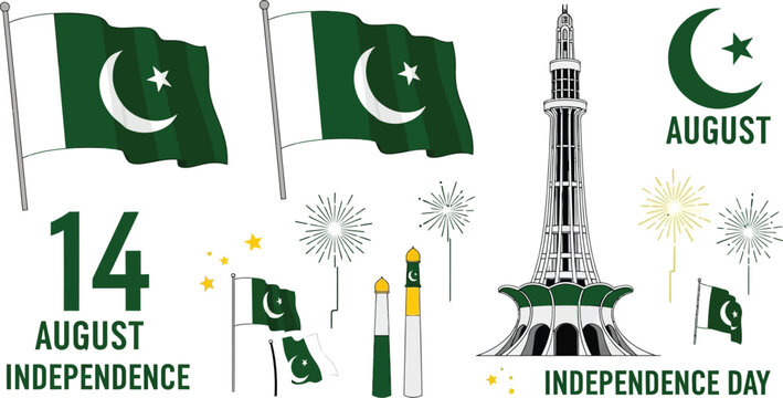 Illustration of pakistan independence day with flags and minar e pakistan monument