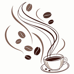 Abstract coffee cup with flowing steam and beans saucer