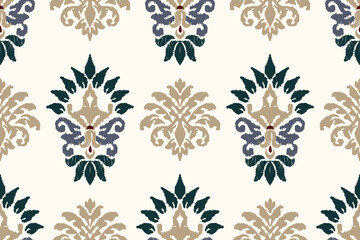 Embroidered Ikat flower pattern on white background. Traditional ethnic ikat, Aztec abstract vector pattern, seamless pattern in tribal, folk embroidery and Mexican style.