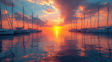 Sailboats at harbor with beautiful sunset reflecting on the water. Perfect sailing atmosphere.