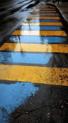 Obraz premium Wet pedestrian crossing with blue and yellow stripes