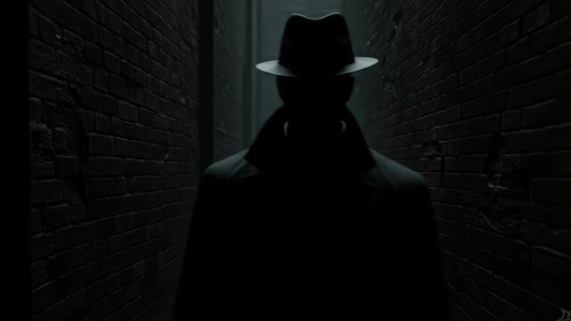 Mysterious Figure in Dark Alleyway - A shadowy figure, wearing a fedora and long coat, walks down a narrow, dimly lit brick alleyway. The overall mood is suspenseful and secretive.