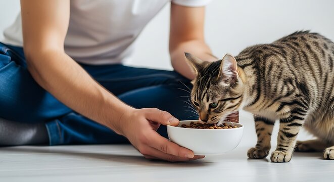 Caring owner gently offers delicious kibble to a curious tabby cat enjoying a healthy meal in a bright, clean home environment