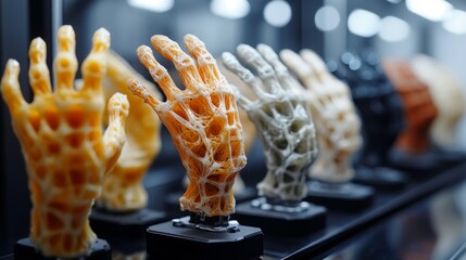 Abstract background with 3D printed hand models in different colors. Medical presentations, innovative technologies, educational materials.