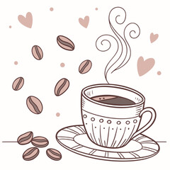 Coffee cup with falling beans and hearts vector