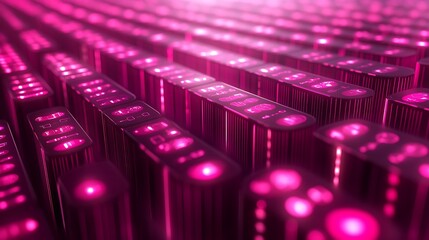 Abstract design of numerous glowing, rectangular shapes in fuchsia.