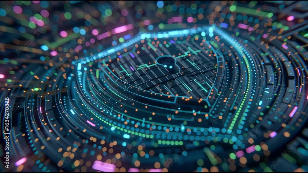 Poster a shield symbolizing security or protection, with digital circuits around it. cybersecurity or data 