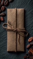 Fototapeta premium Artisan coffee gift box wrapped in rustic kraft paper, tied with natural twine, surrounded by roasted coffee beans on dark slate background