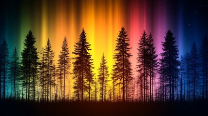 Silhouette trees bathed in vibrant aurora borealis light.