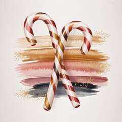 Christmas Candy Canes: Two candy canes artfully crossed against a backdrop of abstract, painted brushstrokes in earth-toned hues, conjuring holiday warmth and joy.